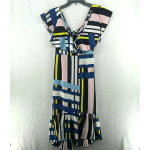 Prettylittlething Midi Dress Sz 6 Black Pink Yellow Striped V-Neck Ruffle Hem